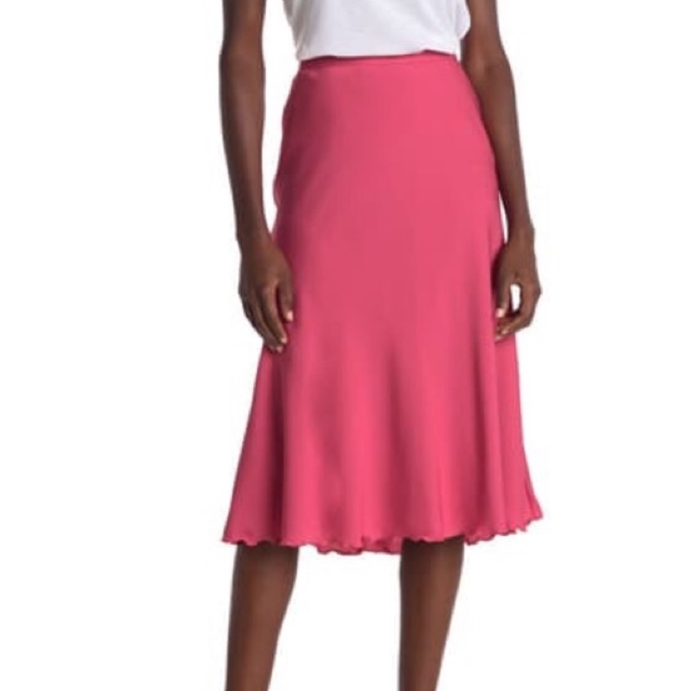 NWT THEORYSilk-blend crepe de chine skirt Pink Lettuce trim Size 14 - Picture 3 of 4